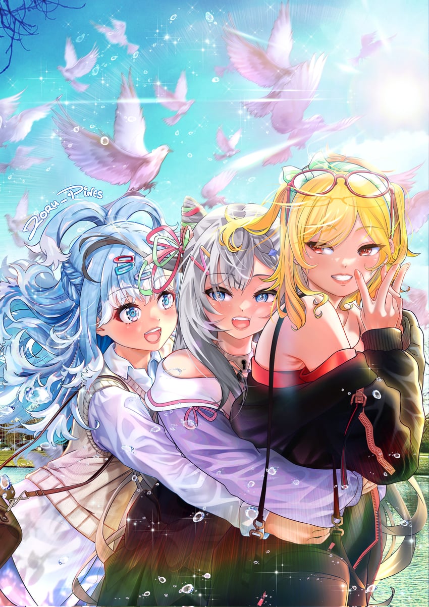 kaela kovalskia, kobo kanaeru, and vestia zeta (hololive and 1 more) drawn by zoru_pines