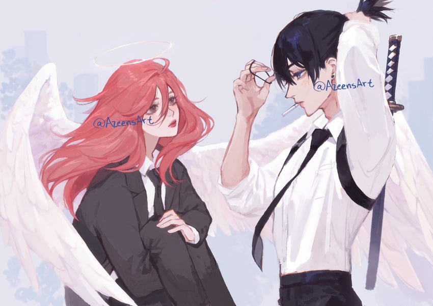 hayakawa aki and angel devil (chainsaw man) drawn by azeen