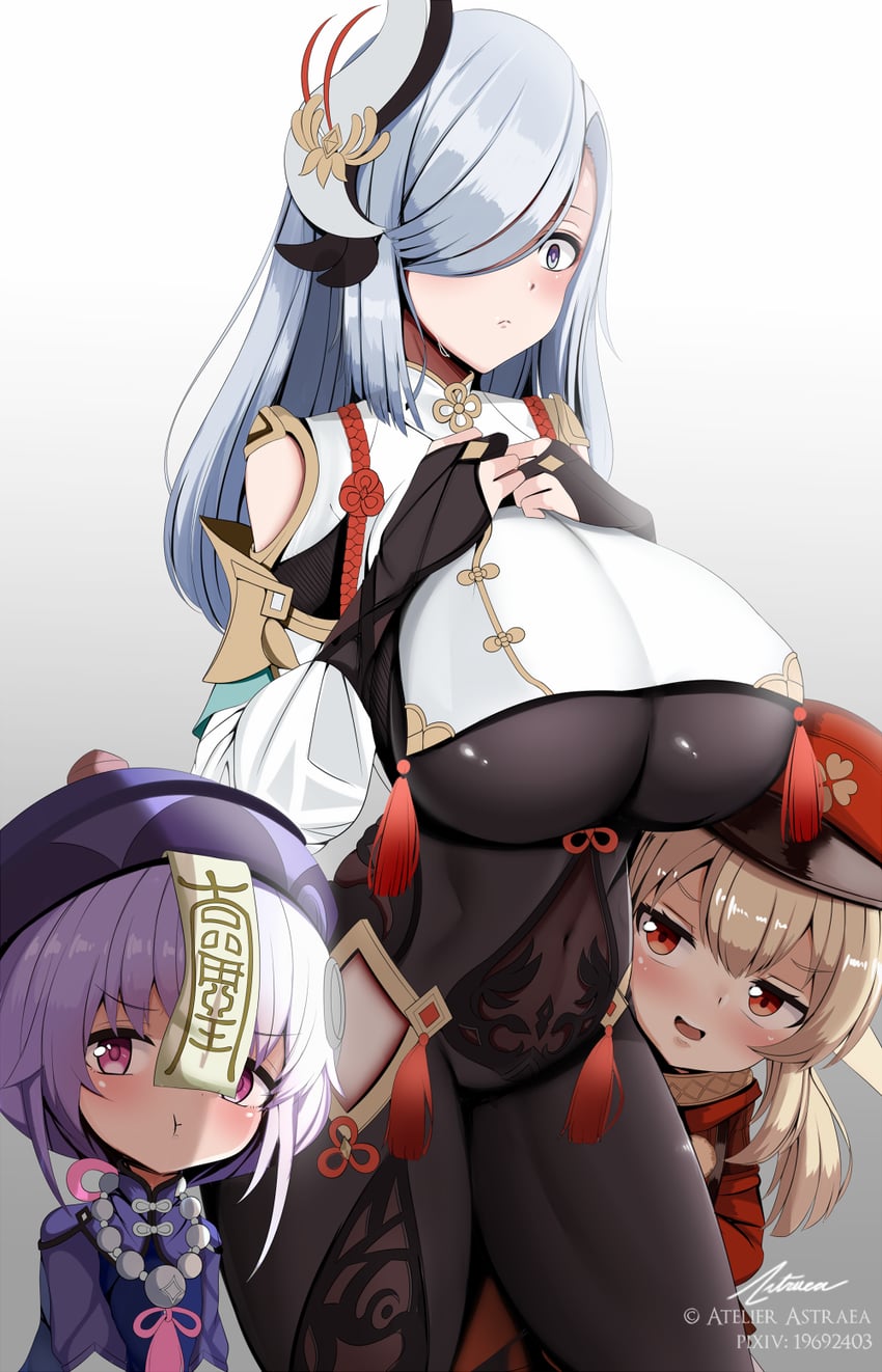 klee, shenhe, and qiqi (genshin impact) drawn by astraea_(atelierastraea)