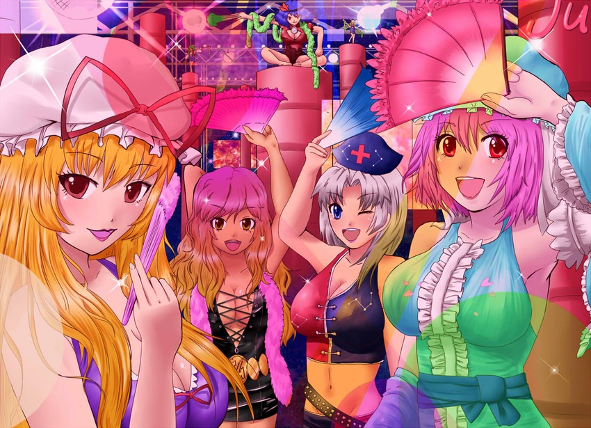 kochiya sanae, yakumo yukari, saigyouji yuyuko, moriya suwako, hijiri byakuren, and 2 more (touhou) drawn by shirokuro_ha