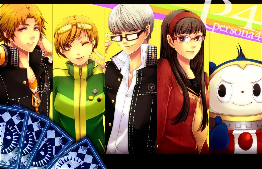 narukami yu, satonaka chie, amagi yukiko, hanamura yousuke, and kuma (persona and 1 more) drawn by domco