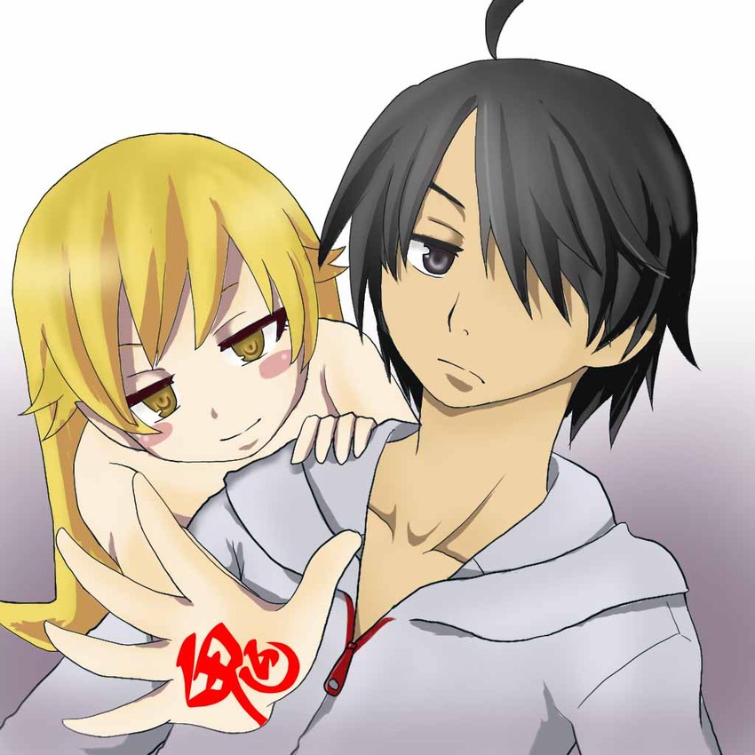 oshino shinobu and araragi koyomi (monogatari and 1 more) drawn by enoki_(enoki_0212)