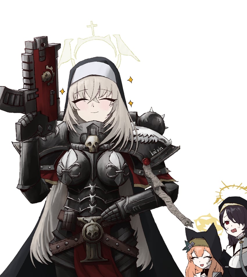mari, sakurako, hinata, and adepta sororitas (blue archive and 1 more) drawn by kai_xin