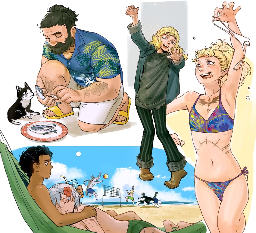 senshi, mithrun, kabru, fleki, lycion, and 2 more (dungeon meshi) drawn by papi_kyo
