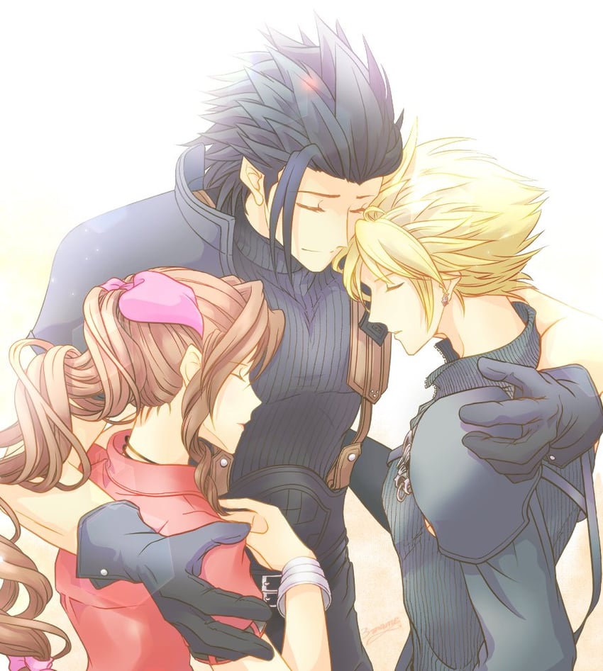 cloud strife, aerith gainsborough, and zack fair (final fantasy and 2 more) drawn by 3mame_000_185