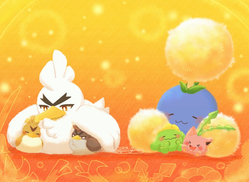 hoppip, sirfetch'd, jumpluff, farfetch'd, skiploom, and 1 more (pokemon) drawn by shuri_(syurigame)