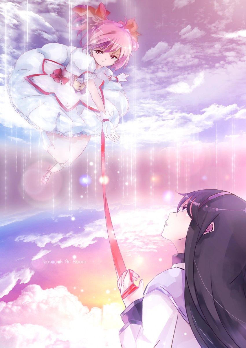 akemi homura and kaname madoka (mahou shoujo madoka magica) drawn by kio_sayuki