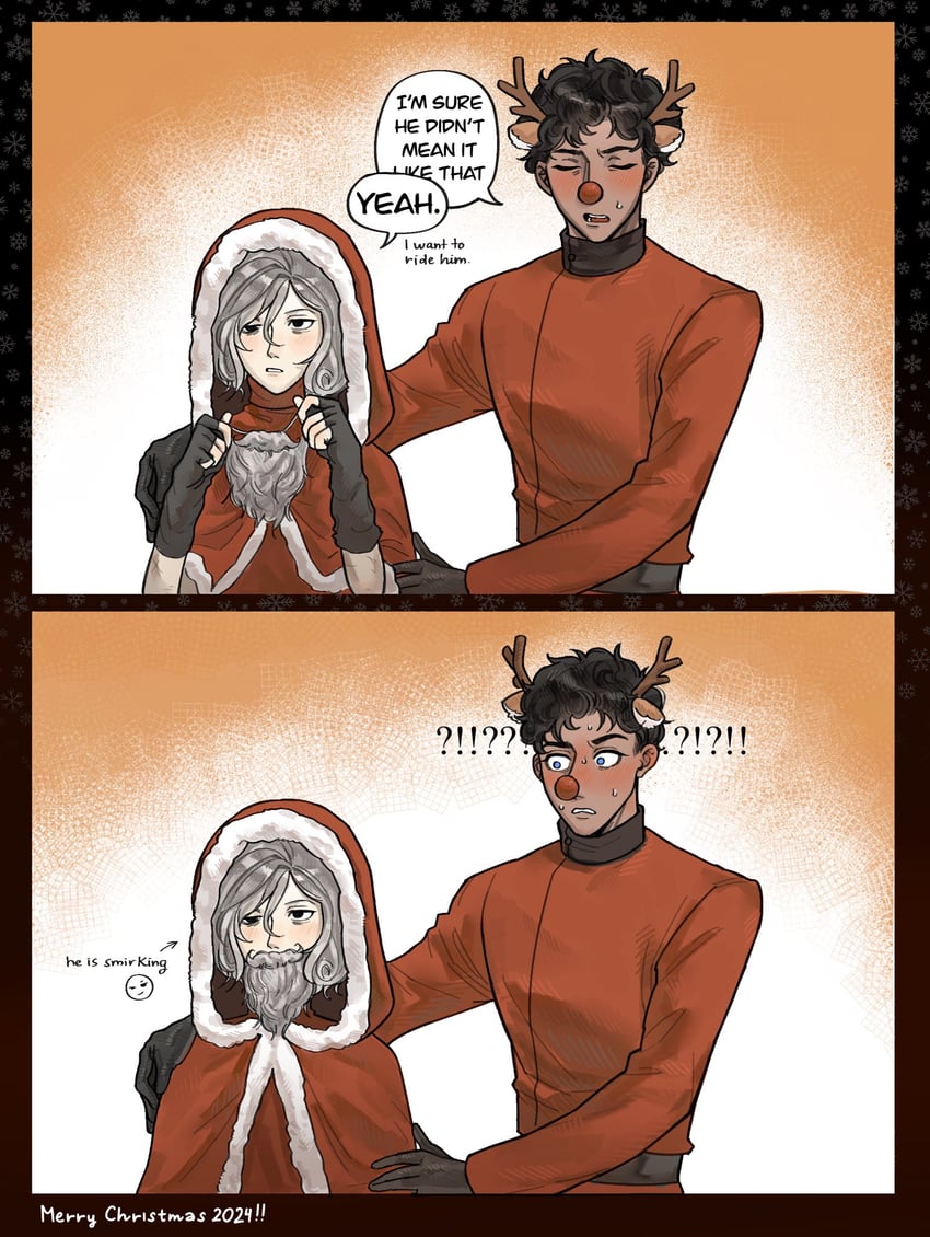 mithrun, kabru, and rudolph the red nosed reindeer (dungeon meshi) drawn by omelepun
