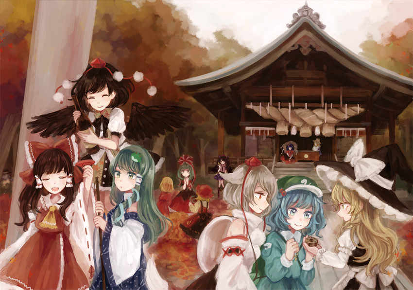hakurei reimu, kirisame marisa, kochiya sanae, komeiji koishi, shameimaru aya, and 8 more (touhou and 1 more) drawn by mozukuzu_(manukedori)