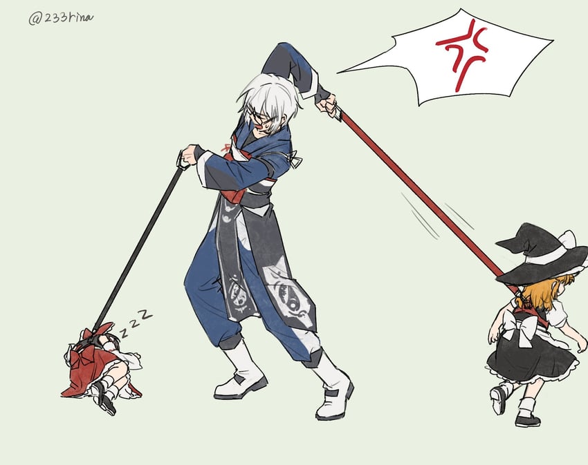 hakurei reimu, kirisame marisa, and morichika rinnosuke (touhou) drawn by aihara-rina