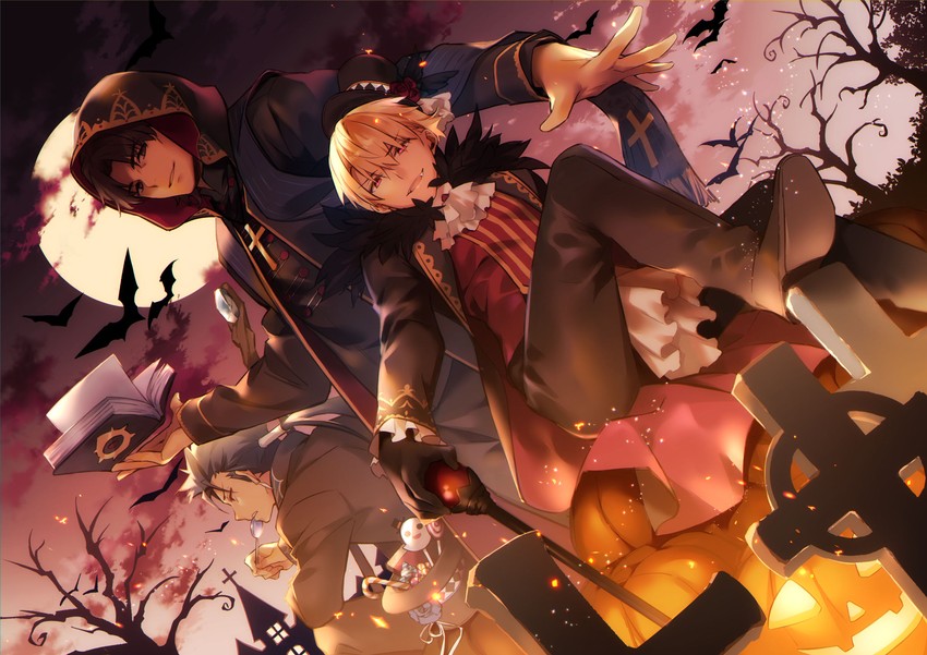 gilgamesh, cu chulainn, and kotomine kirei (fate and 1 more) drawn by hipo