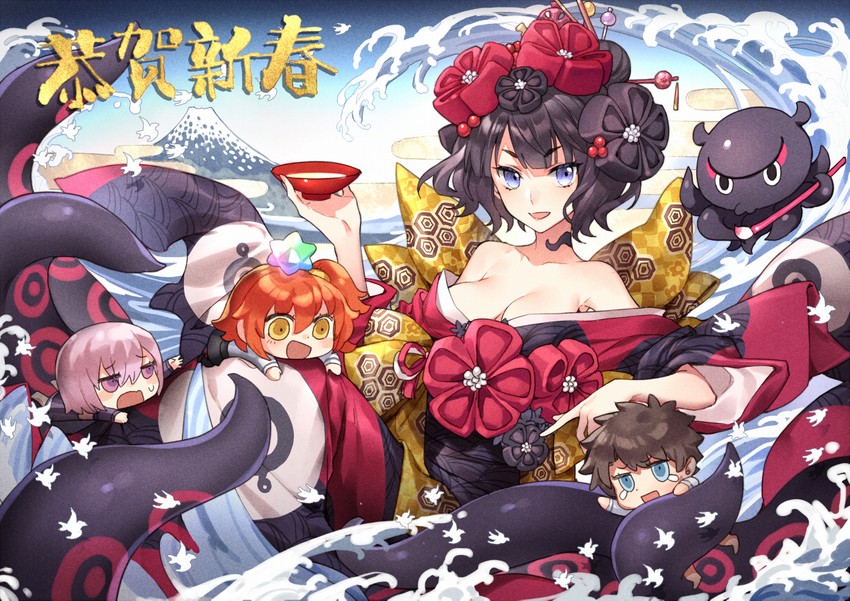 mash kyrielight, fujimaru ritsuka, katsushika hokusai, and tokitarou (fate and 1 more) drawn by kangetsu_(fhalei)