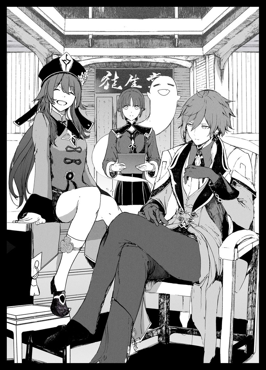 hu tao, zhongli, boo tao, and ferrylady (genshin impact) drawn by syatey