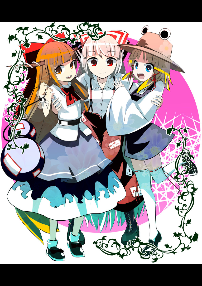 fujiwara no mokou, moriya suwako, and ibuki suika (touhou) drawn by mankun