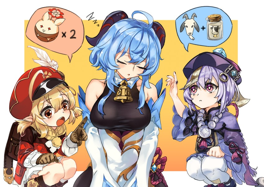 ganyu, klee, qiqi, and jumpy dumpty (genshin impact) drawn by koufu_(seratin)