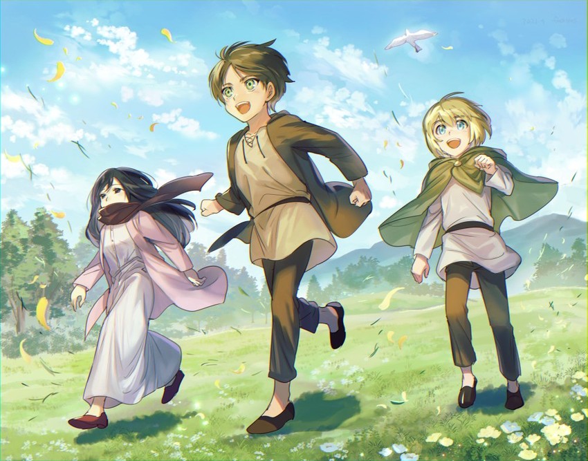 mikasa ackerman, eren yeager, and armin arlert (shingeki no kyojin) drawn by fushitasu