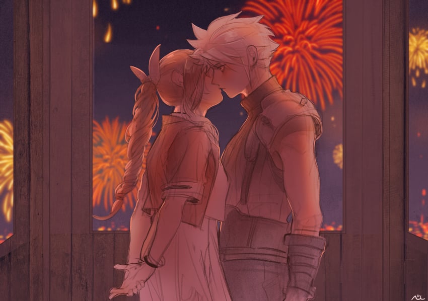 cloud strife and aerith gainsborough (final fantasy and 2 more) drawn by nul