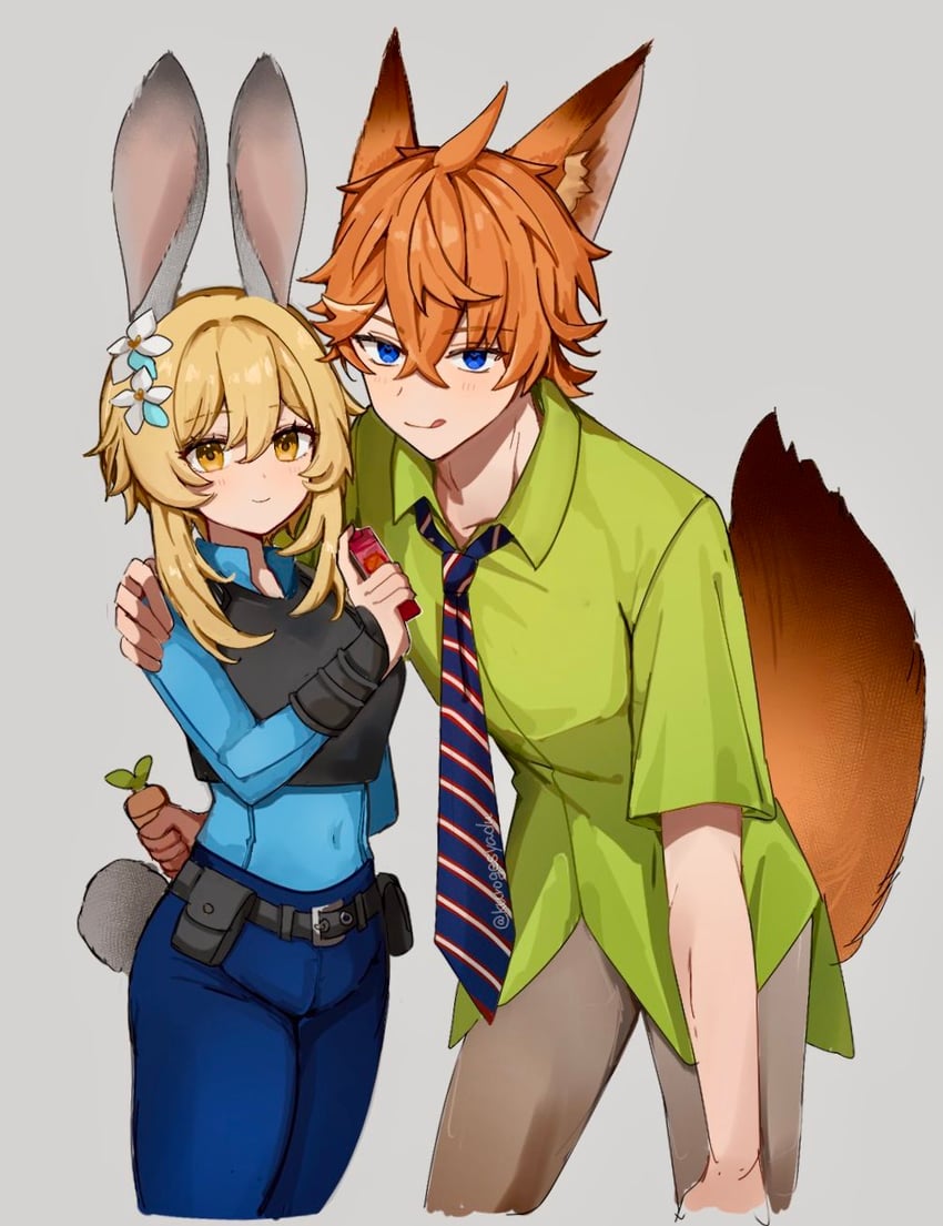lumine, tartaglia, judy hopps, and nick wilde (genshin impact and 1 more) drawn by kuromu_shado