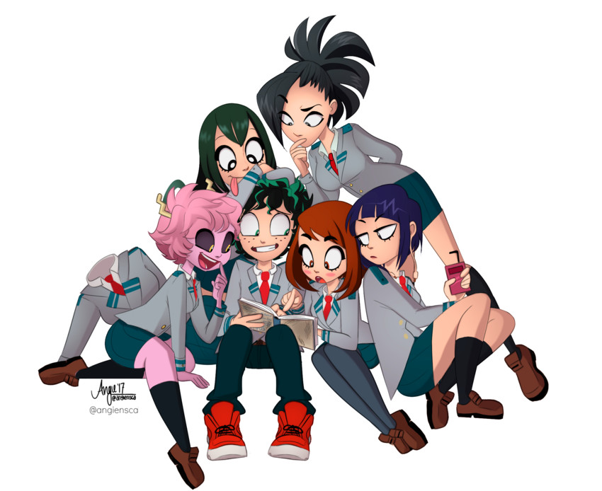 midoriya izuku, uraraka ochaco, asui tsuyu, yaoyorozu momo, ashido mina, and 2 more (boku no hero academia) drawn by angiensca