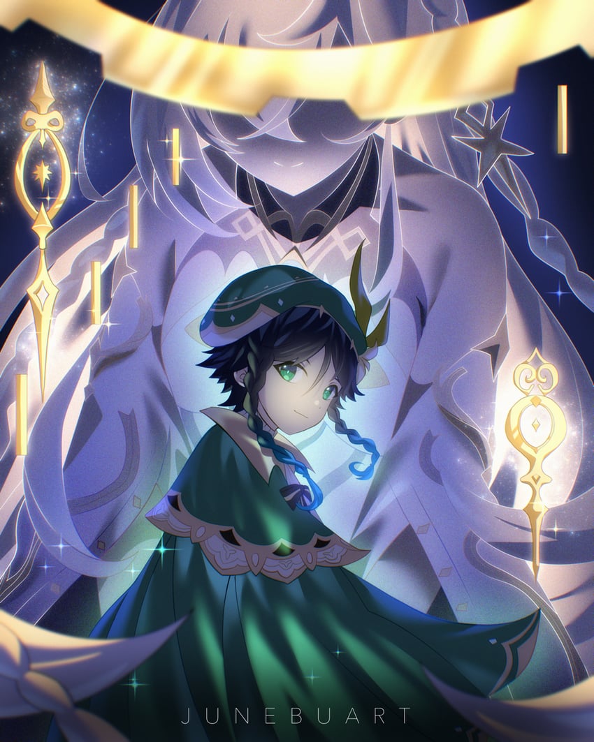 venti, istaroth, erika harlacher, murase ayumu, jung yoo-jung, and 1 more (genshin impact) drawn by junebuart
