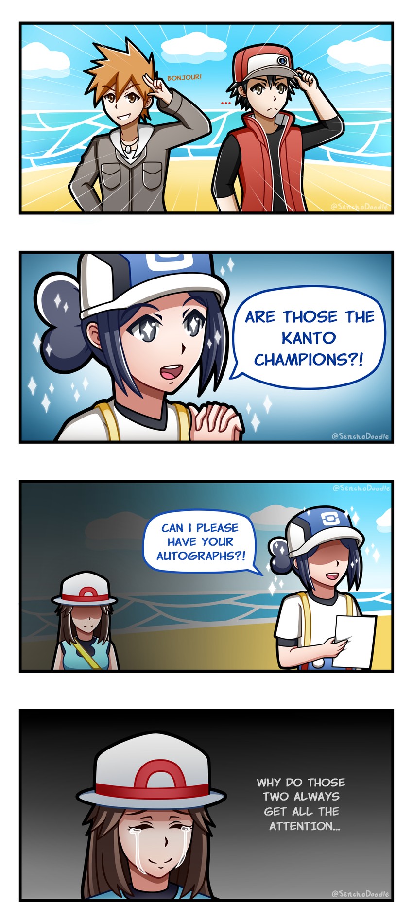red, blue oak, leaf, and bettie (pokemon and 3 more) drawn by sencho
