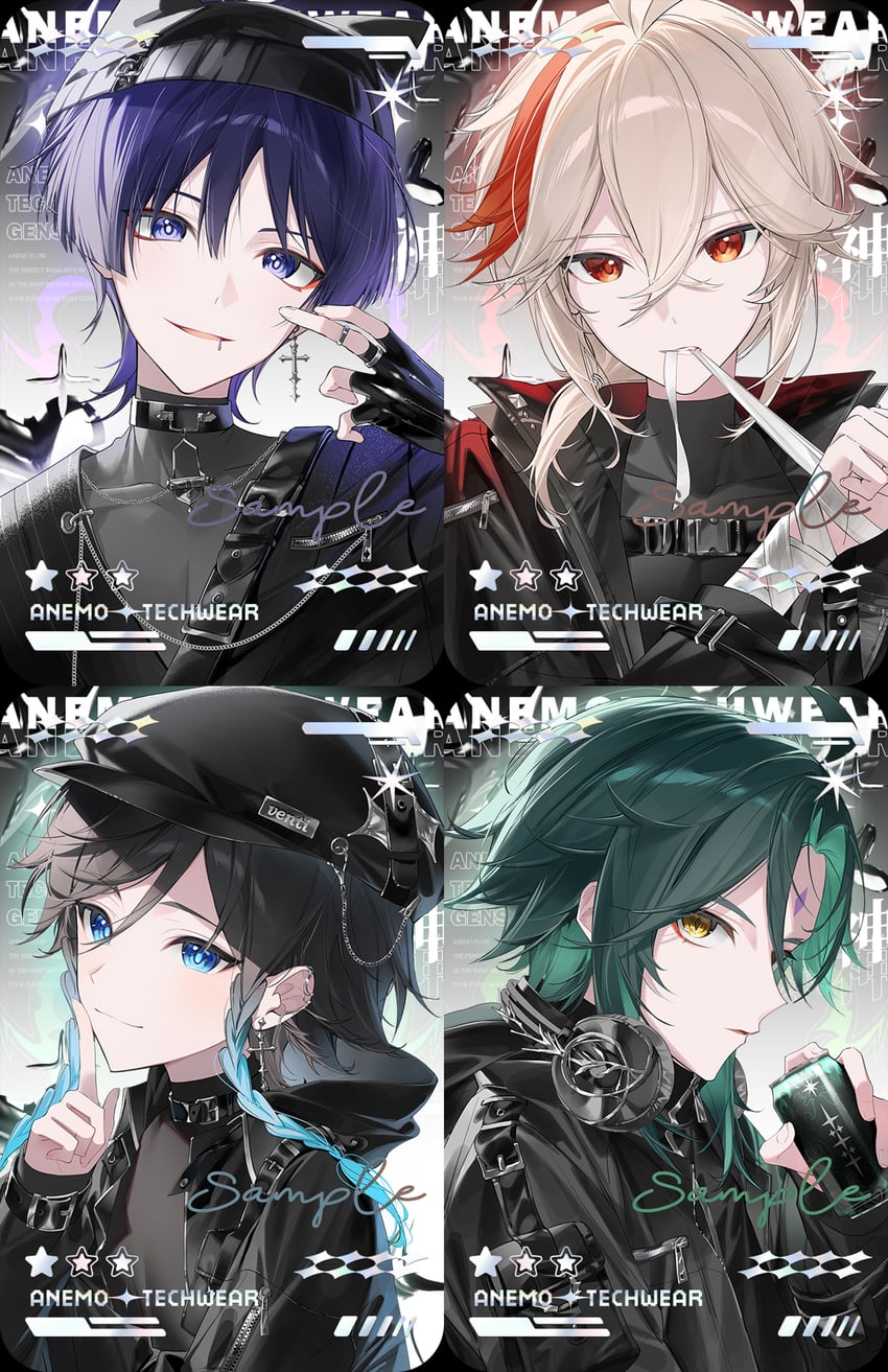 scaramouche, venti, xiao, and kaedehara kazuha (genshin impact) drawn by kkopoli