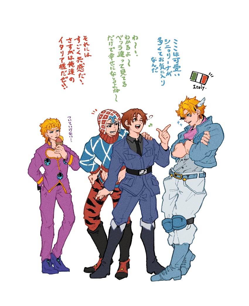caesar anthonio zeppeli, giorno giovanna, guido mista, and northern italy (jojo no kimyou na bouken and 3 more) drawn by user_ghch5355