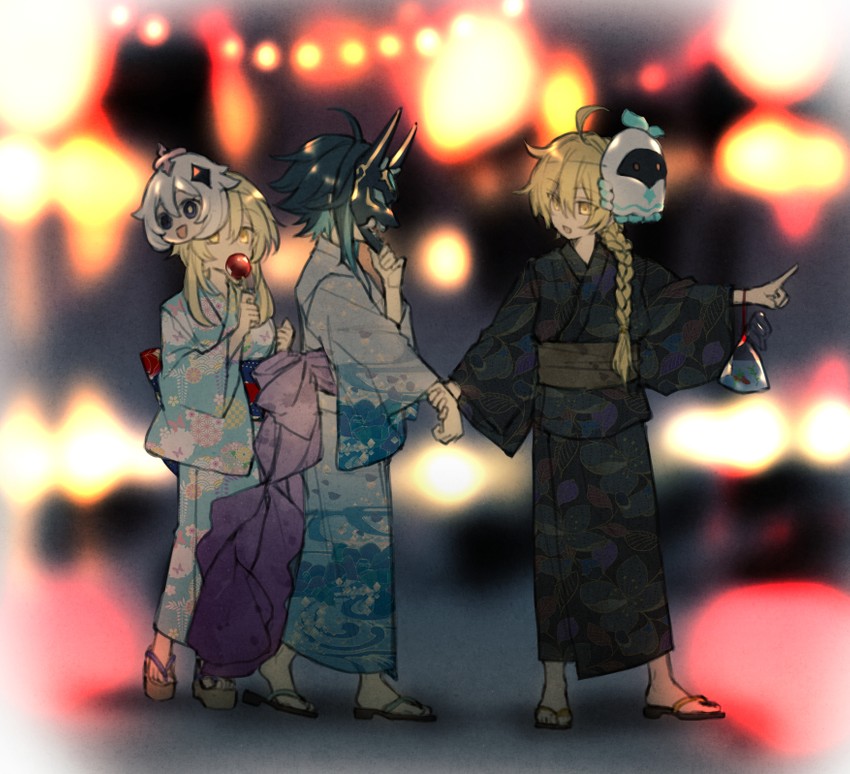 lumine, aether, paimon, xiao, and abyss mage (genshin impact) drawn by maka_(morphine)
