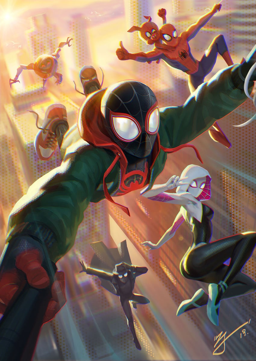 spider-man, spider-gwen, spider-man noir, and spider-ham (marvel and 3 more) drawn by ji_zhang