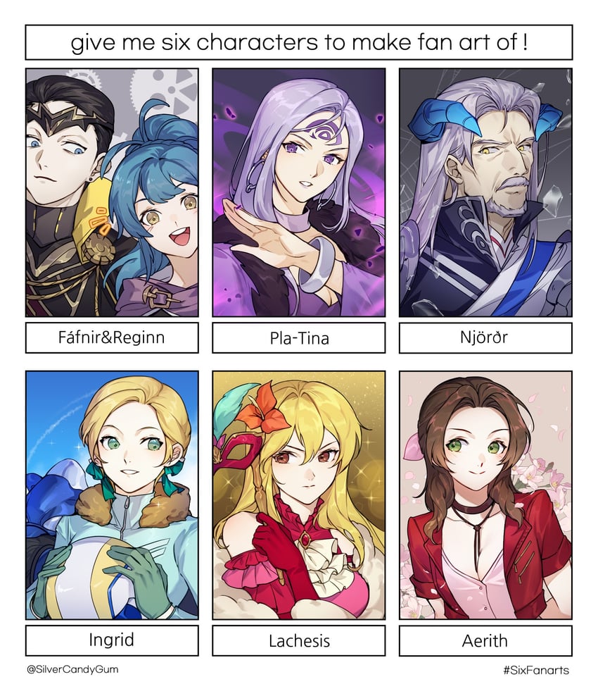 aerith gainsborough, ingrid brandl galatea, lachesis, reginn, fafnir, and 2 more (fire emblem and 6 more) drawn by silvercandy_gum
