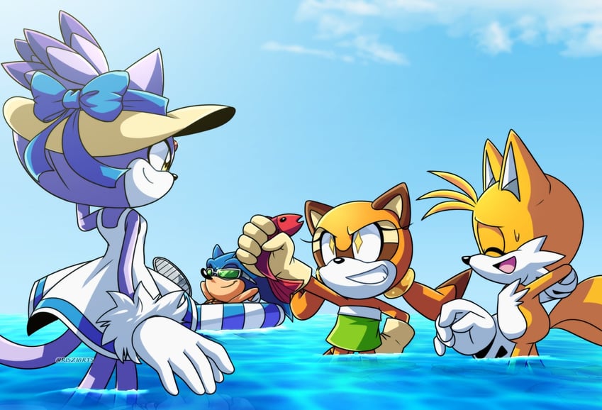 sonic the hedgehog, blaze the cat, tails, and marine the raccoon (sonic and 1 more) drawn by risziarts