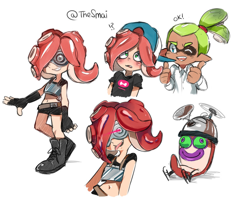 inkling player character, octoling player character, inkling boy, takozonesu, and octocopter (splatoon and 1 more) drawn by sami_briggs