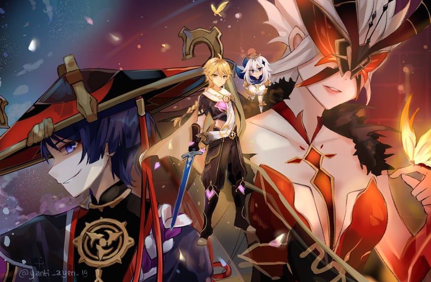 scaramouche, aether, paimon, crimson lotus moth, and signora (genshin impact) drawn by yanti