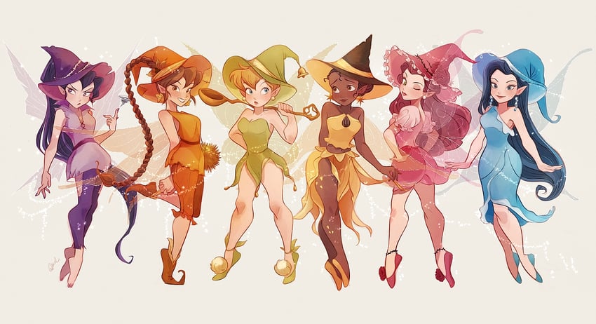 tinker bell, fawn, iridessa, vidia, rosetta, and 1 more (walt disney's peter pan and 1 more) drawn by melchencanto