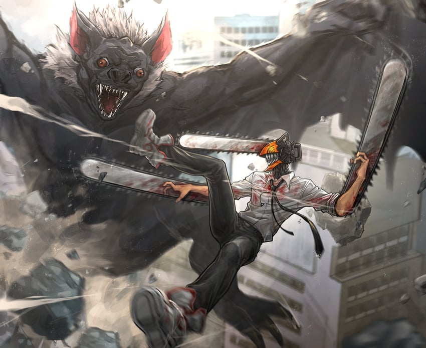 denji and bat devil (chainsaw man) drawn by deka_yo