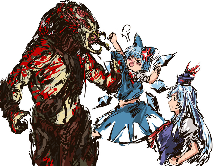 cirno, kamishirasawa keine, predator, berserker predator, and mr. black (touhou and 1 more) drawn by nameo_(judgemasterkou)