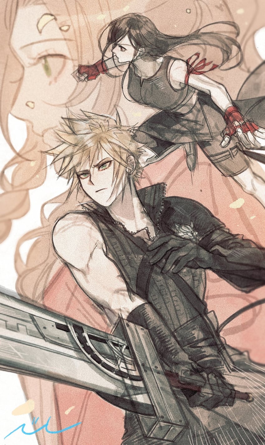 tifa lockhart, cloud strife, aerith gainsborough, and fenrir (final fantasy and 2 more) drawn by nul