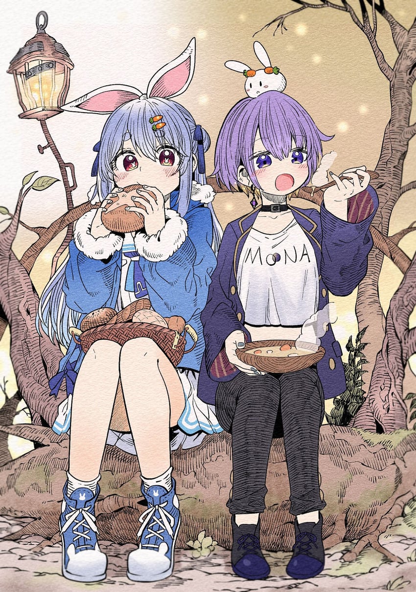 usada pekora, moona hoshinova, and pekomon (hololive and 1 more) drawn by yurai0739