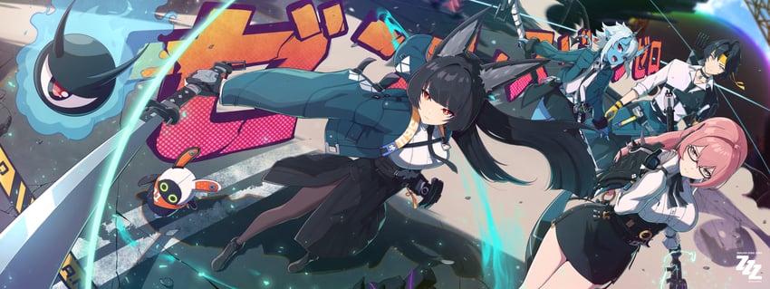 hoshimi miyabi, tsukishiro yanagi, eous, soukaku, asaba harumasa, and 1 more (zenless zone zero) drawn by laevatein_(la3vatein)