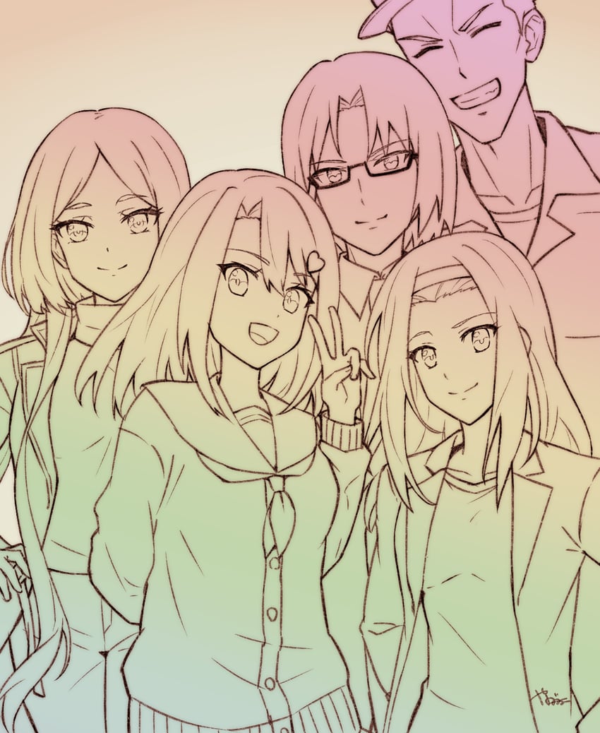nikaido tenri, tobihoshi emily, aizawa tsukasa, kataoka shuji, and banjoji nagare (sentai red ga isekai de boukensha ni naru) drawn by yanagimachi