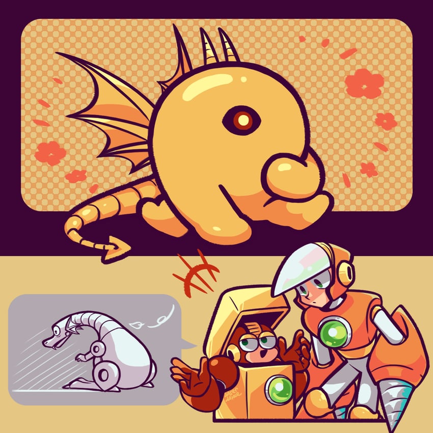 crash man, heat man, yellow devil, and mecha dragon (mega man and 2 more) drawn by laser-lance