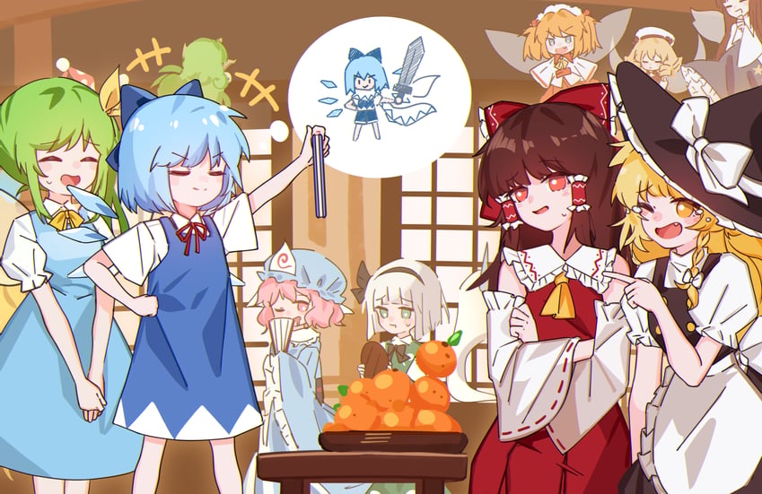 hakurei reimu, kirisame marisa, konpaku youmu, cirno, saigyouji yuyuko, and 6 more (touhou and 1 more) drawn by takki_(takkiko)