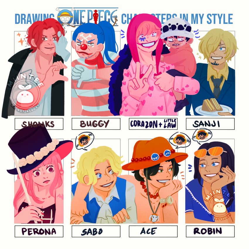 monkey d. luffy, nico robin, sanji, trafalgar law, portgas d. ace, and 5 more (one piece) drawn by miintee