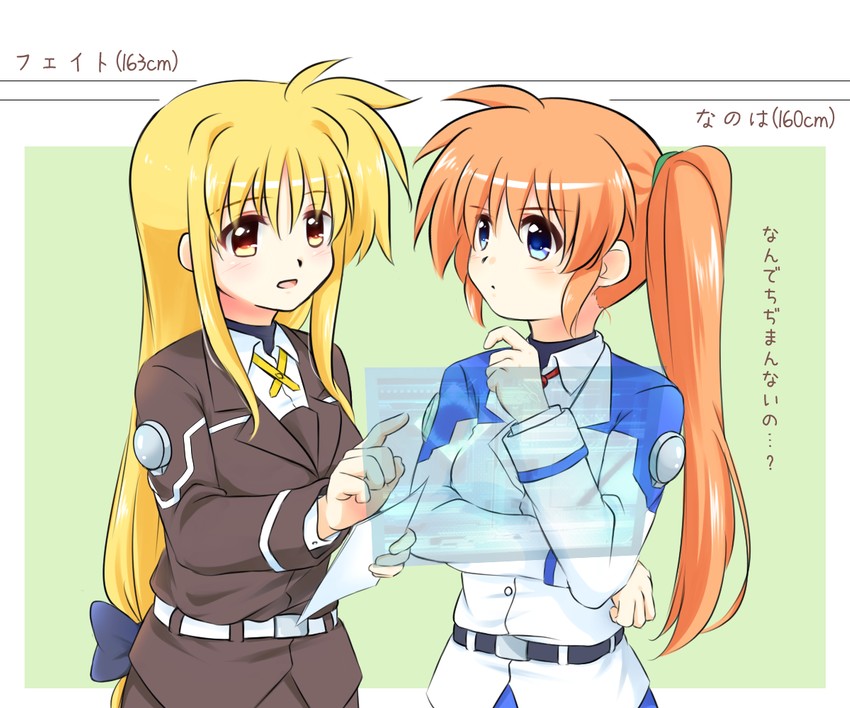 fate testarossa and takamachi nanoha (lyrical nanoha and 1 more) drawn by kerorokjy