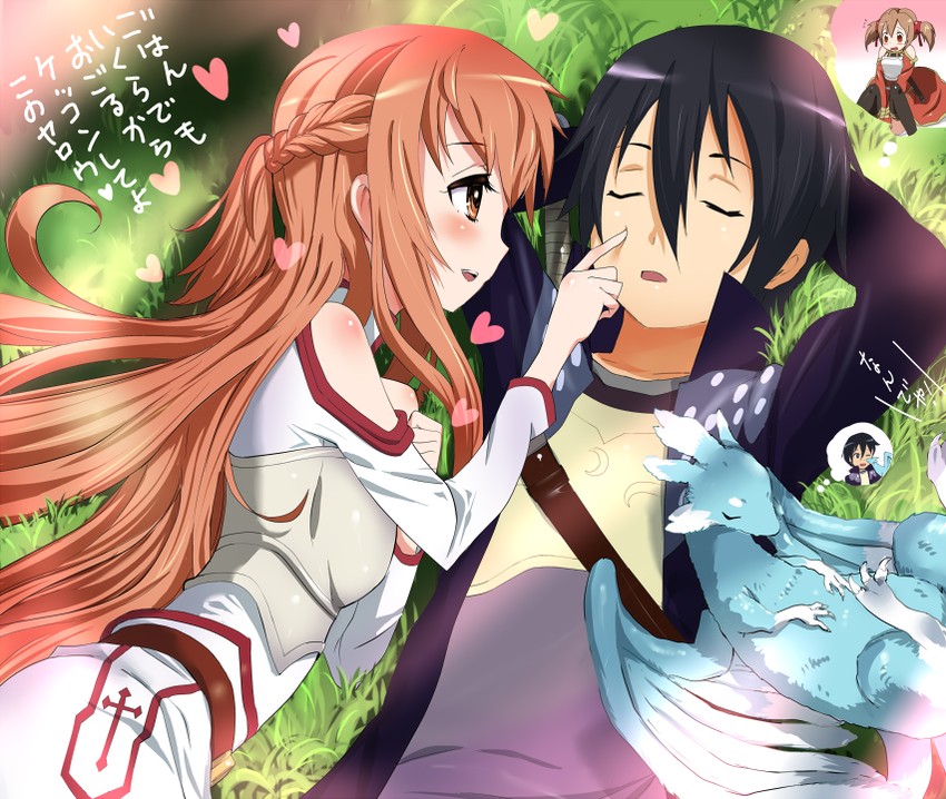 asuna, kirito, silica, and pina (sword art online) drawn by mushi_gyouza