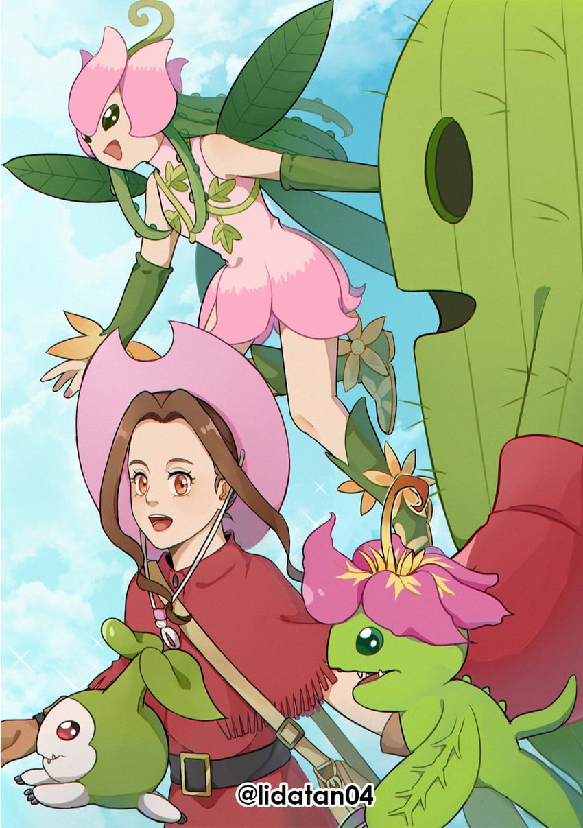 tachikawa mimi, palmon, lilimon, tanemon, and togemon (digimon and 1 more) drawn by lida_(lidalida04)