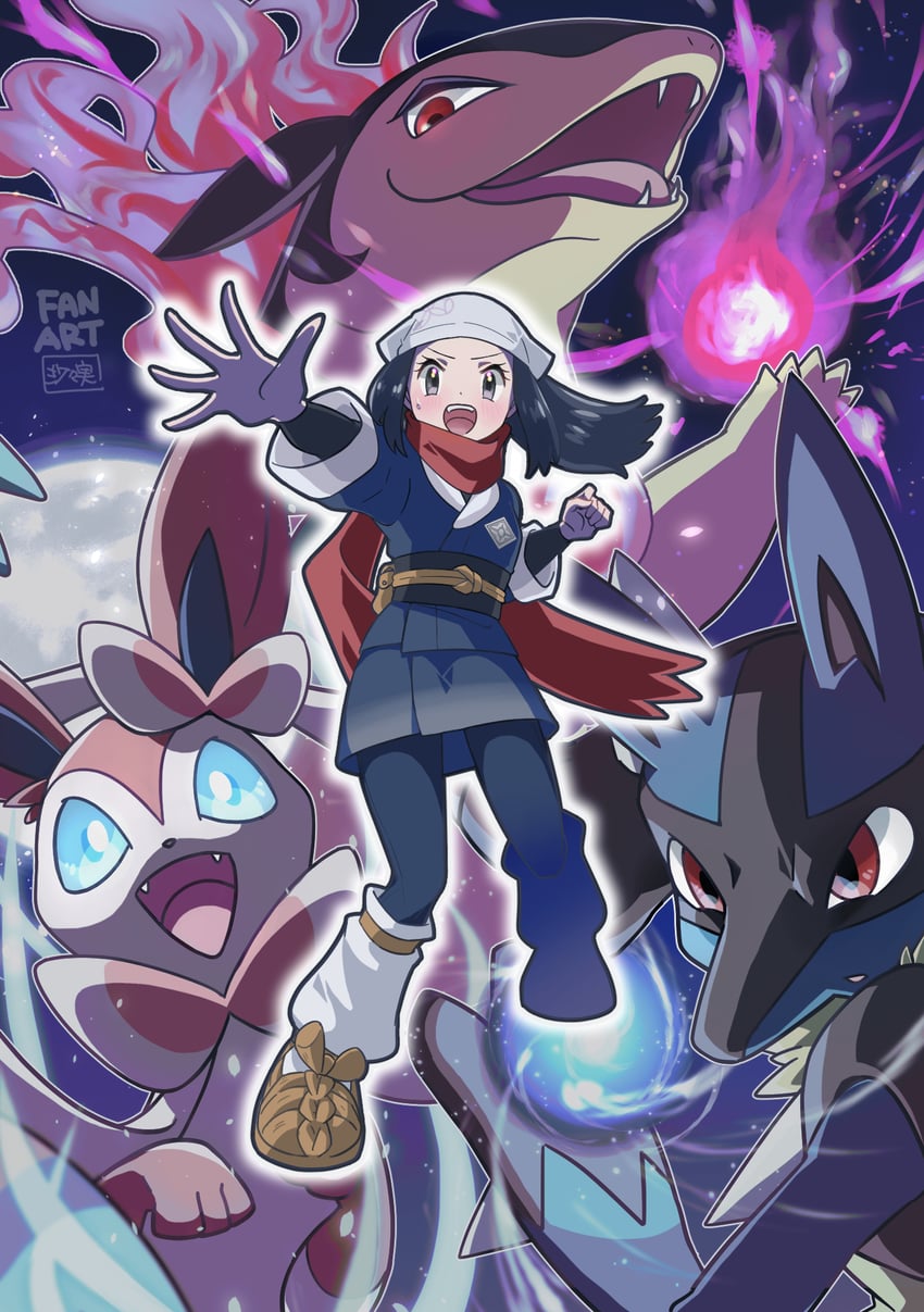 akari, lucario, sylveon, and hisuian typhlosion (pokemon and 1 more) drawn by sasami_642