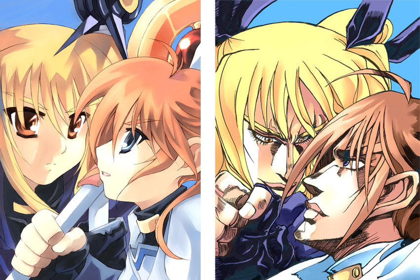 fate testarossa, takamachi nanoha, raising heart, and bardiche (jojo no kimyou na bouken and 3 more) drawn by kouno_hikaru