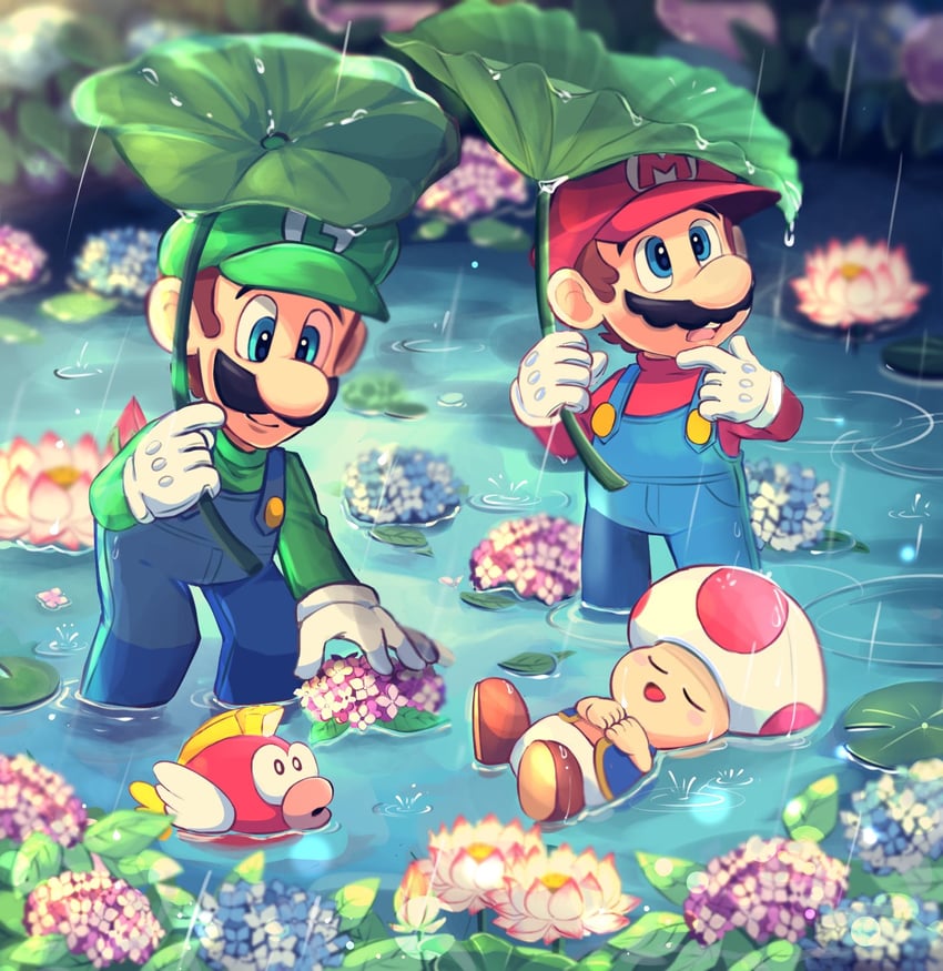 mario, luigi, toad, red toad, and cheep cheep (mario) drawn by hiyashimeso