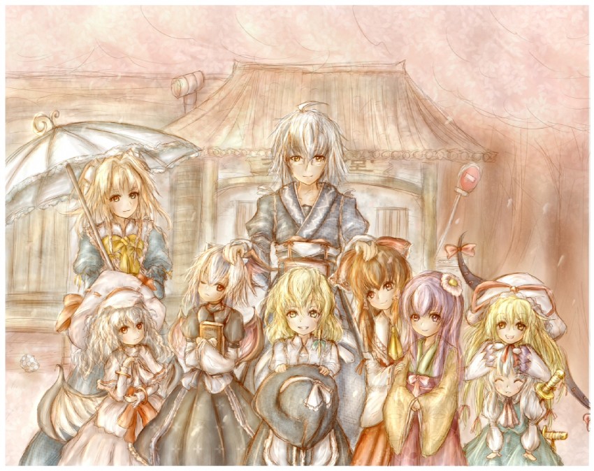 hakurei reimu, kirisame marisa, remilia scarlet, izayoi sakuya, konpaku youmu, and 4 more (touhou and 1 more) drawn by amano_jack